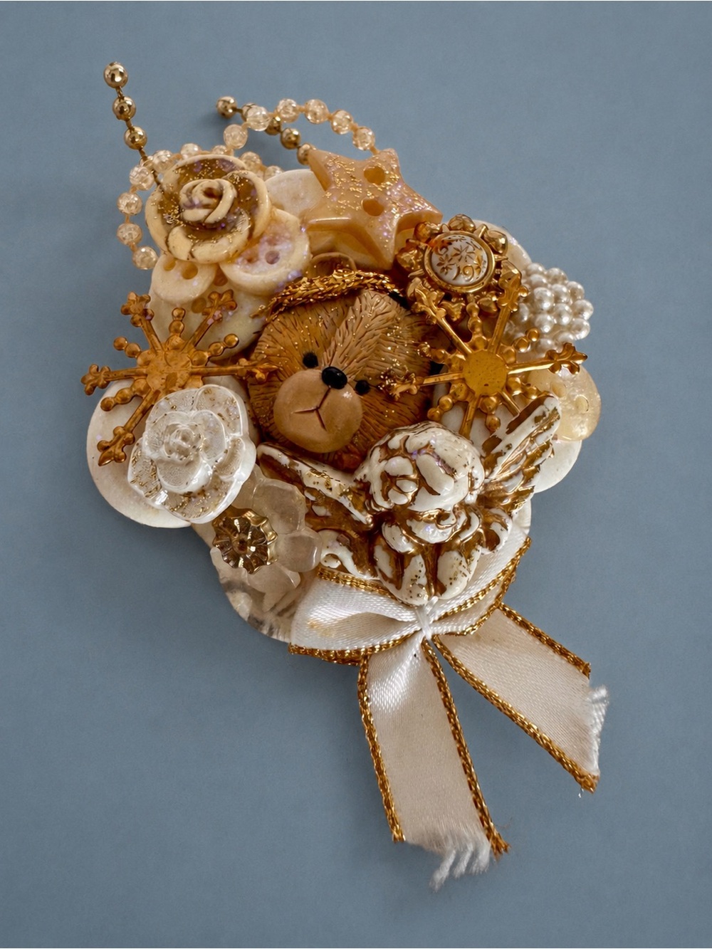 Vintage 1998 LY Handmade Teddy Bear Assemblage Brooch Angel Pearl Pin